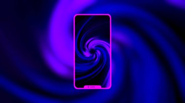 Akıllı telefon ekranının siluetinde soyut spiral şekilli animasyon. Hareket. Yeni modern akıllı telefonun parlak renkleri, iletişim konsepti.