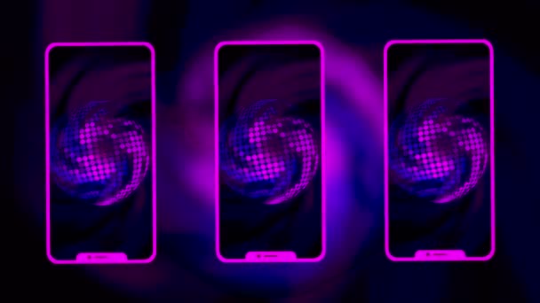 Abstract spiral shaped animation on the silhouette of a smartphone screen. Motion. Bright colors of a new modern smartphone, concept of communication. — Stock Video