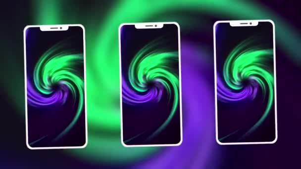 Fundo abstrato 3D de silhuetas de telefone torcidas no fundo de esferas coloridas. Moção. Apresentação de novo smartphone. — Vídeo de Stock