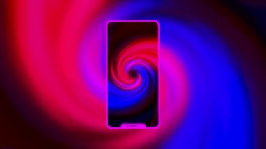Akıllı telefon ekranının siluetinde soyut spiral şekilli animasyon. Hareket. Yeni modern akıllı telefonun parlak renkleri, iletişim konsepti.