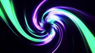Renkli kıvrımlı ışınları ve pürüzsüz döngüsü olan neon huni. Hareket. Kasırgaya benzeyen siyah bir arkaplanda kıvrımlı parlak çizgiler.