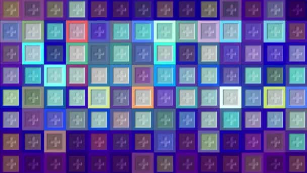 Мозаичный фон с мигающими разноцветными квадратами. Движение. Красочные мигающие квадраты с узорами. Плюс знак в ярких мигающих квадратиках разных цветов — стоковое видео