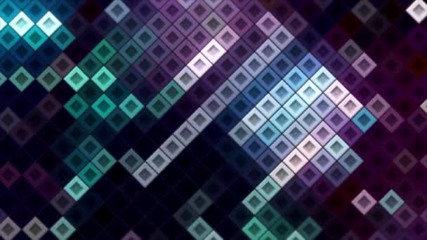 Переміщення Тетріс Squares. Рух. Електронне поле з рухомими кольоровими квадратами. Кольорові неонові квадрати рухаються подібно до стилю Тетріса. — стокове відео