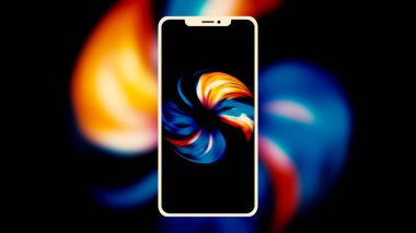 Güzel mor ve yeşil dönen spiral desen ve modern bir akıllı telefonun silueti. Hareket. Yeni telefon tasarımının sunumu.