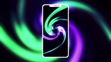 Güzel mor ve yeşil dönen spiral desen ve modern bir akıllı telefonun silueti. Hareket. Yeni telefon tasarımının sunumu.