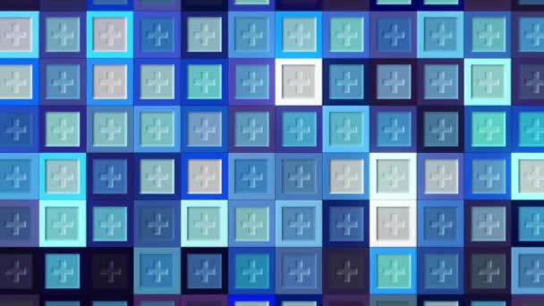 Mosaic background with flashing multicolored squares. Motion. Colorful flashing squares with patterns. Plus sign in bright flashing squares of different colors — Stock Video