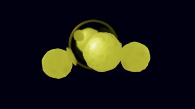 Toplar saydam balonun etrafında döner. Tasarım. Renkli toplar siyah arkaplanda şeffaf küre etrafında hareket eder. Toplar saydam baloncuklar etrafında uydular gibi hareket eder