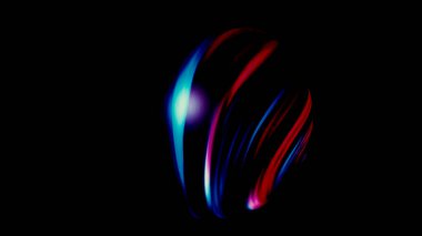 Flüoresan renklere sahip soyut üç boyutlu küre, dikişsiz döngü. Hareket. Siyah arka planda izole edilmiş bükücü çizgileri olan dönen güzel bir top..