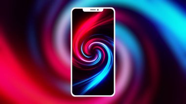 Parlak renkli ekranlı modaya uygun bir cep telefonu. Hareket. Dönen mavi ve pembe çizgili girdap, pürüzsüz döngü.