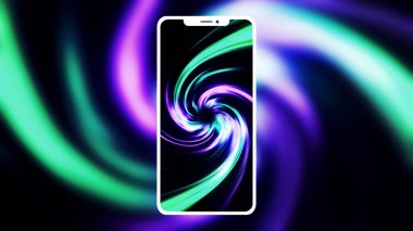 Güzel mor ve yeşil dönen spiral desen ve modern bir akıllı telefonun silueti. Hareket. Yeni telefon tasarımının sunumu.
