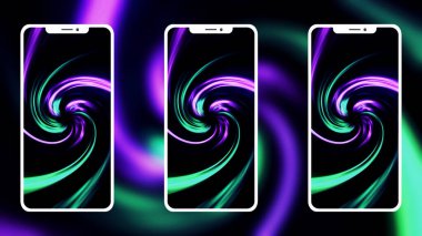 Renkli dönen spiral ile soyut akıllı telefonlar. Hareket. Yeni yüksek kaliteli akıllı telefonların sunumu, modern teknoloji ve tasarım kavramı.