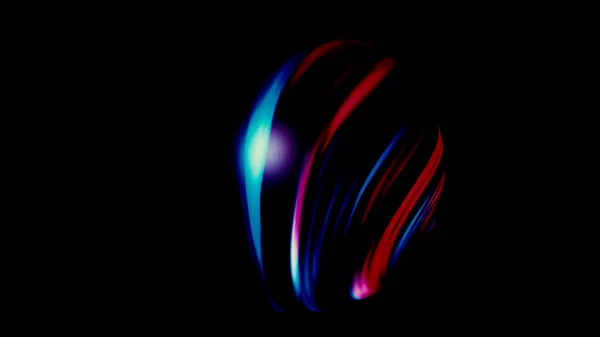 Absztrakt 3D-s gömb fluoreszkáló színekkel, zökkenőmentes hurokkal. Indítvány. Spinning gyönyörű labdát hajlító csíkok elszigetelt fekete háttér. — Stock Fotó