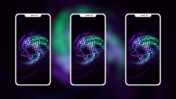 Fondo abstracto 3D de siluetas retorcidas del teléfono en el fondo de esferas coloridas. Moción. Presentación de nuevo smartphone. —  Fotos de Stock