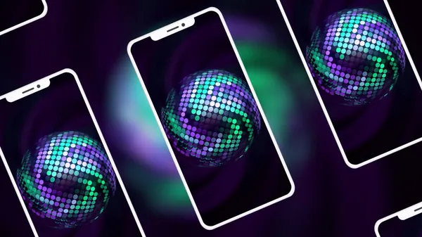 3D sfondo astratto di sagome telefono contorto sullo sfondo di sfere colorate. Mozione. Presentazione del nuovo smartphone. — Foto Stock