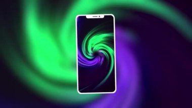 Güzel mor ve yeşil dönen spiral desen ve modern bir akıllı telefonun silueti. Hareket. Yeni telefon tasarımının sunumu.