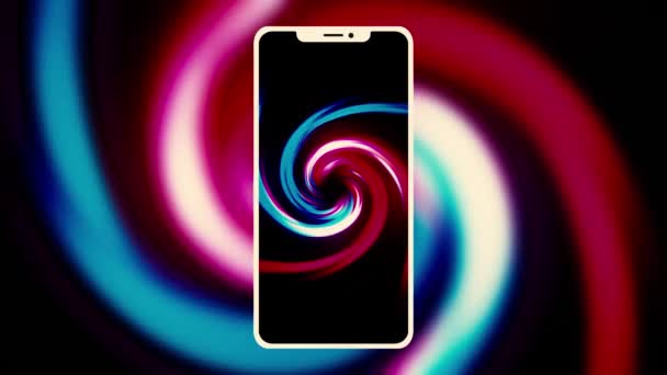 Trendy mobiele telefoon met fel kleurrijk scherm. Beweging. Spinning vortex van draaiende blauwe en roze strepen, naadloze lus. — Stockvideo