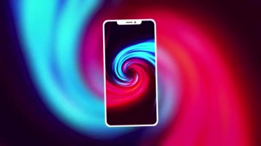 Teknoloji ve iletişim kavramı. Hareket. Uzay arkaplanında parlak renkli görüntüsü olan yeni bir akıllı telefonun silueti.