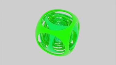 Beyaz zemin üzerinde dönen birçok katmanı olan soyut yeşil kompleks geometrik figür. Tasarım. Kübik şekilli nesneden uzaklaşan parçacıklar.