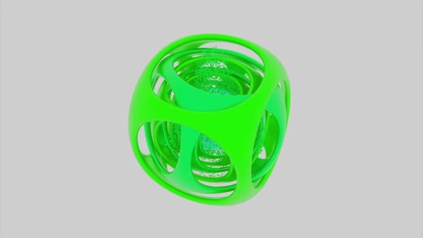 Abstract green complex geometric figure with many layers inside spinning on a white background. Design. Particles flying away from cubic shaped object. — Stock Video