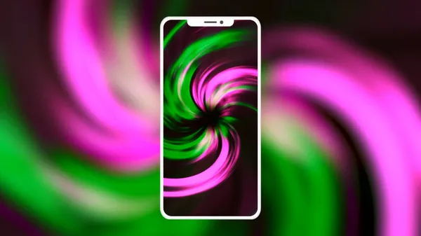 Schermo smartphone con spirale. Mozione. Schermo luminoso del nuovo modello di telefono con schermata di spruzzi. Spirale colorata sullo schermo del telefono immerge e ipnotizza. Animazione pubblicitaria per smartphone — Foto Stock