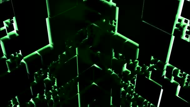 Abstrakte Animation eines vertikalen Tunnels mit Neon-Silhouetten geometrischer Formen, nahtlose Schleife. Design. Entlang dunkler Wände mit einem Muster auf volumetrischen Rechtecken. — Stockvideo