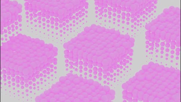 Abstraktní skladba s 3d kuličkovými shluky. Design. Růžové lesklé kuličky různé velikosti pružící v řadách obdélníkových figurek. — Stock video