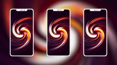 Arka planda birden fazla telefon var. Hareket. Parlak ekran koruyucuları yeni telefon ekranlarında hareket ediyor. Yeni telefonlar ve parlak ekran koruyucularla reklam animasyonu