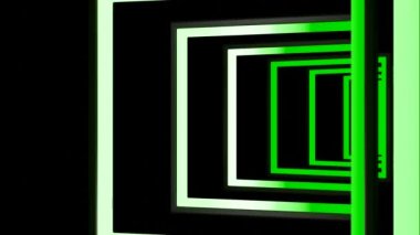 Kavisli kareler tünelinde hareket var. Tasarım. Kare tünel hareket ediyor ve siyah arka planda kıvrılıyor. Siyah arkaplan üzerindeki kare çerçevelerin tünelinde hareket