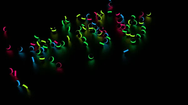 Palline brillanti colorate che cadono e rotolano su uno sfondo nero. Progettazione. Molti bambini neri palle giocattolo con luci al neon che cadono sul pavimento. — Foto Stock