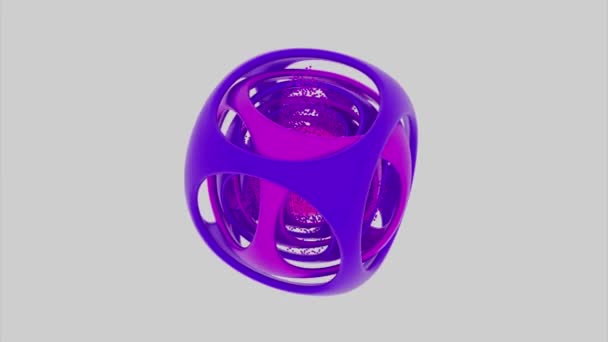 Abstraktní purpurový komplex geometrické postavy s mnoha vrstvami uvnitř rotující na bílém pozadí. Design. Částice odlétající od objektu ve tvaru krychle. — Stock video