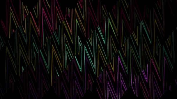Многоцветные зигзагообразные полосы фона разделены на движущиеся сегменты, бесшовный цикл. Дизайн. Декоративная стена с текучими геометрическими фигурами, образованными треугольными неоновыми линиями. — стоковое видео