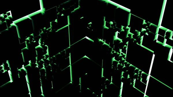 Animazione astratta di tunnel verticale con silhouette al neon di forme geometriche, anello senza cuciture. Progettazione. Volare lungo pareti scure con un motivo su rettangoli volumetrici. — Foto Stock