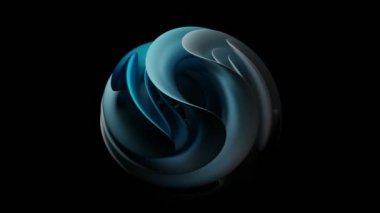 Üç boyutlu kavisli bir top. Tasarım. Siyah arka planda dönen 3 boyutlu taç yaprağı topu. Uzayda dönen kavisli ve katmanlı güzel top