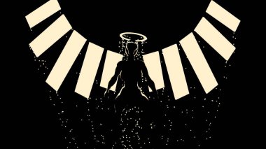 Cehennemden gelen kara şeytan savaşçısı, savaş meleği kafasında bir haleyle. Tasarım. İnsan vücuduna sahip bir yaratık ateş kıvılcımları ve siyah arka planda bir çelenkle çevrili..