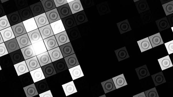 Glowing mosaic tiles blinking randomly and rotating. Motion. Moving monochrome squares with the illustration of circles on a black background. — Stock Photo, Image