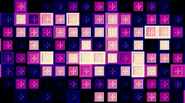 Мозаїка різнокольорова абстрактна стіна. Рух. Рожево-фіолетові ряди яскравих мерехтливих кубиків з додатковими символами, безшовна петля . — стокове фото