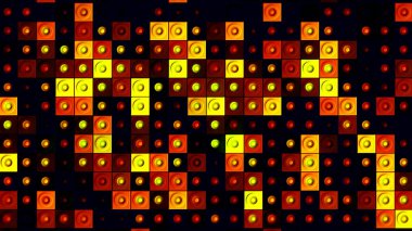 Üzerinde çarpı işareti olan yanıp sönen kutulardan oluşan bir duvar olan soyut geometrik arkaplan. Hareket. Işıldayan kare şekilli nesnelerin kusursuz döngü hareketi.