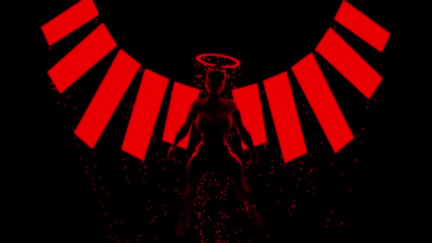 Roter Teufelskämpfer aus der Hölle, Kriegsengel mit Heiligenschein um den Kopf. Design. Eine Kreatur mit menschlichem Körper, umgeben von roten Feuerfunken und einer Girlande auf schwarzem Hintergrund. — Stockvideo