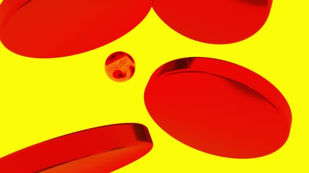 Ilusión óptica hipnótica roja y amarilla en contraste. Diseño. Bola pequeña saltando de un disco a otro, bucle sin fisuras. — Vídeo de stock