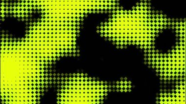 Siyah küçük eşkenar dörtgenlerden ve floresan sarı arka planda akan şekillerden oluşan bir şebeke. Tasarım. Koyu lekelerin çapraz hareketi.