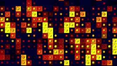 Üzerinde çarpı işareti olan yanıp sönen kutulardan oluşan bir duvar olan soyut geometrik arkaplan. Hareket. Işıldayan kare şekilli nesnelerin kusursuz döngü hareketi.