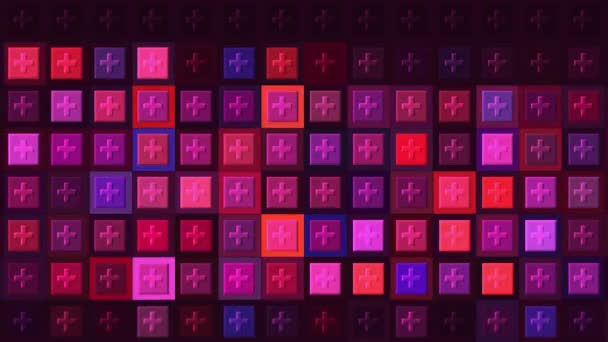 Mosaico de pared abstracta varicolor. Moción. Filas rosadas y púrpuras de brillantes cubos brillantes con más símbolos, lazo sin costuras. — Vídeos de Stock