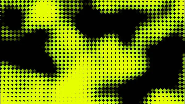 Rejilla de pequeños rombos negros y formas que fluyen sobre fondo amarillo fluorescente. Diseño. Movimiento diagonal de manchas oscuras. — Foto de Stock