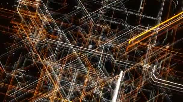 Abstract conceptual background with neuron data information and network connections. Animation. Crossing orange and white lines and program code. — Stock Video