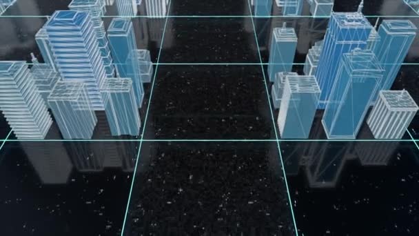 Vista aérea de una ciudad moderna azul abstracta en el espacio negro con fondo de estrellas blancas. Animación. Volando sobre edificios y calles. — Vídeos de Stock