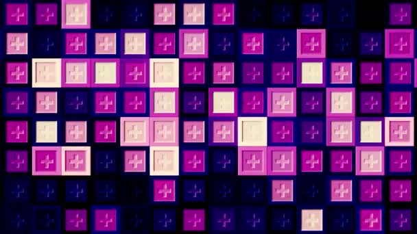 Mosaico parede abstrata varicolored. Moção. Linhas cor-de-rosa e roxo de brilhantes cubos cintilantes com símbolos de adição, loop sem costura. — Vídeo de Stock