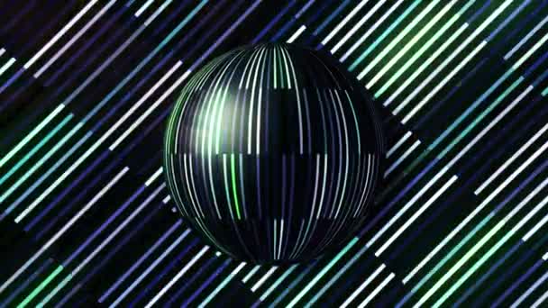 Retro old fashioned disco background with rotating sphere. Motion. Disco ball made of narrow glassy reflective narrow lines on diagonal stripes shimmering background, seamless loop. — Stock Video