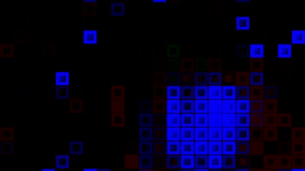 在黑色背景上闪烁蓝色方块，无缝回圈。行动。竖直行中随机运行的抽象立方体. — 图库视频影像