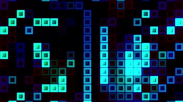 Piazze blu lampeggianti su sfondo nero, anello senza cuciture. Mozione. Cubi astratti che corrono casualmente in righe verticali. — Video Stock