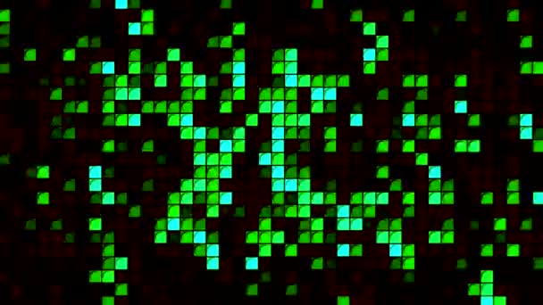 Fond abstrait de mouvement avec pixels verts clignotant et clignotant sur un fond noir, boucle transparente. Motion. Danse colorée de carrés clignotants aléatoirement. — Video